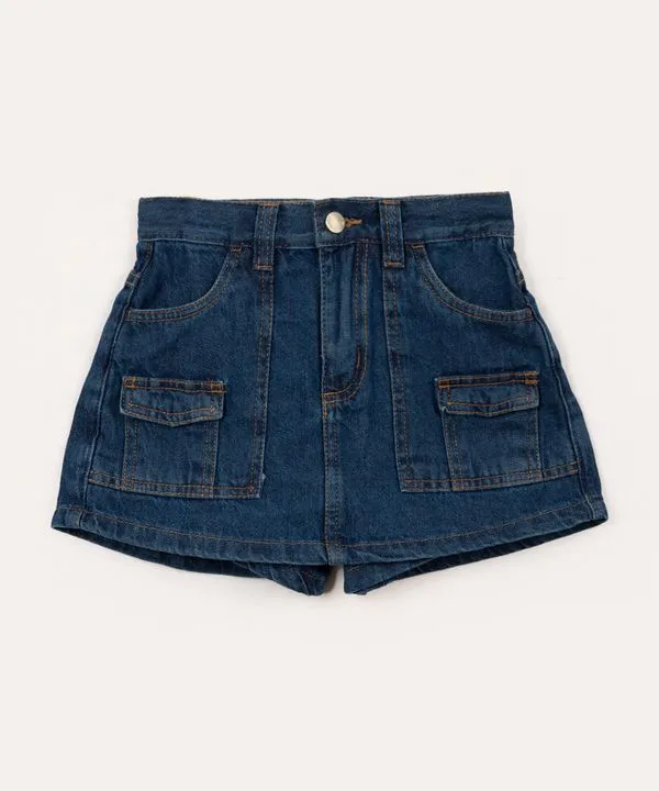 short saia infantil cargo com bolsos azul 6