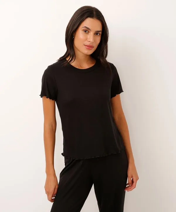 blusa de pijama manga curta canelada preta PP