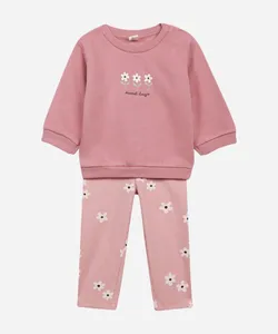 conjunto infantil longo de moletom floral rosa 0-3