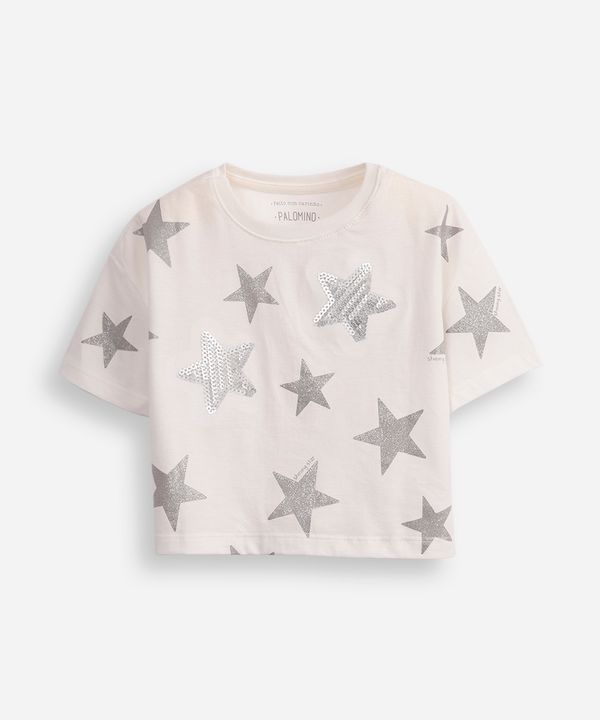 camiseta de algodão infantil estrelas com paête off white 8