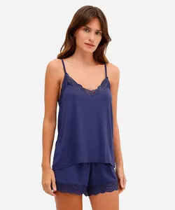 pijama short doll feminino de viscose com renda azul G