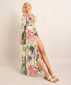 vestido saída de praia de chiffon com floral aquático além dos mares alter do chão grazi massafera amarelo claro M