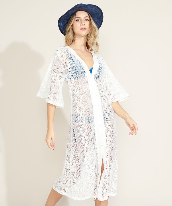 Saída de Praia em Renda Midi Manga 3/4 Ampla Off White M