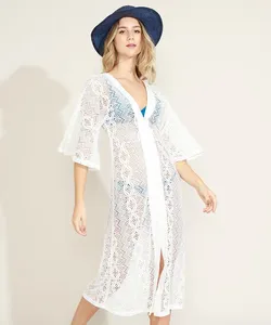 Saída de Praia em Renda Midi Manga 3/4 Ampla Off White P