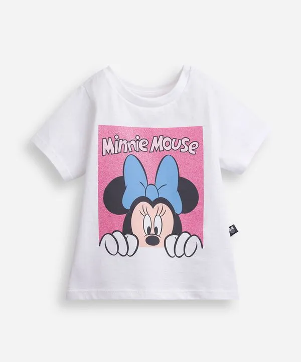 camiseta infantil de algodão minnie com glitter off white 1