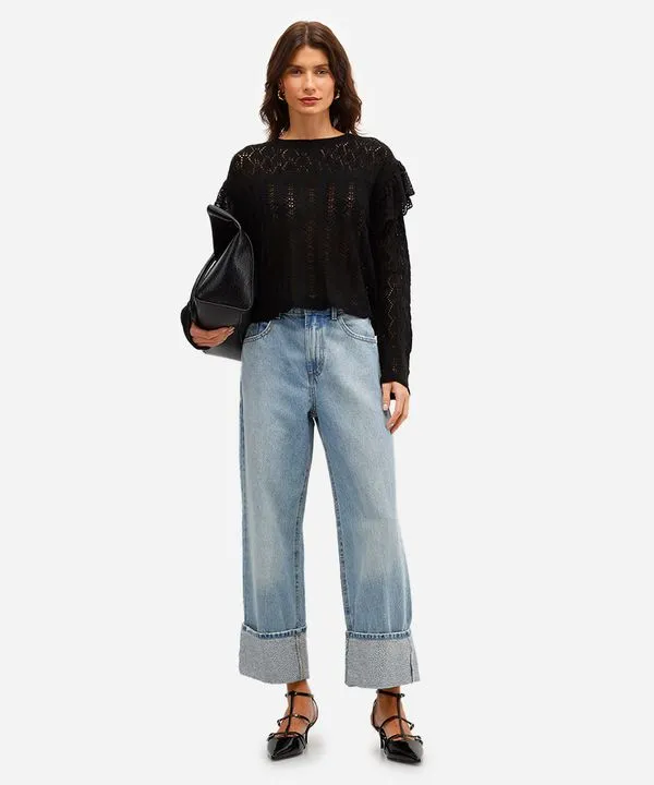 calça reta feminina jeans barra dobrada com brilhos azul 36