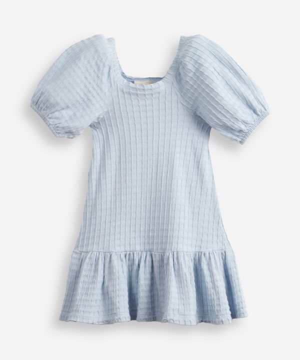 vestido de algodão infantil manga bufante texturizado azul 6