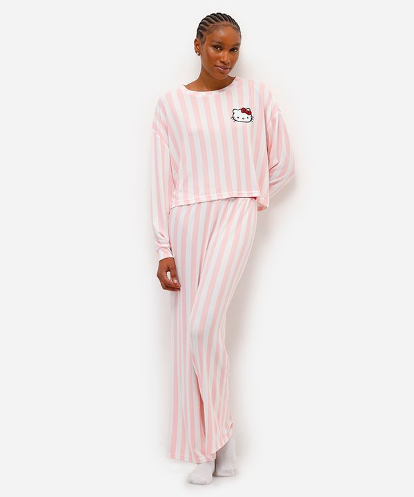 pijama longo feminino hello kitty listrado rosa G