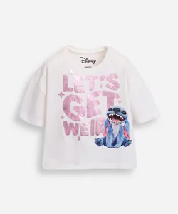camiseta infantil de algodão manga curta stitch metalizada off white 4