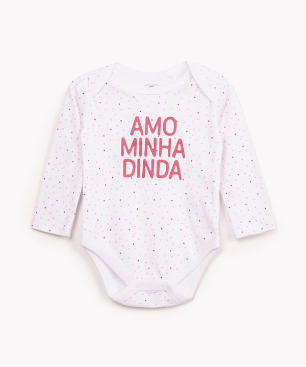 body infantil de algodão manga longa amo minha dinda off white 12-18