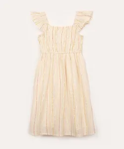 vestido de algodão infantil listrado metalizado com babado off white 12