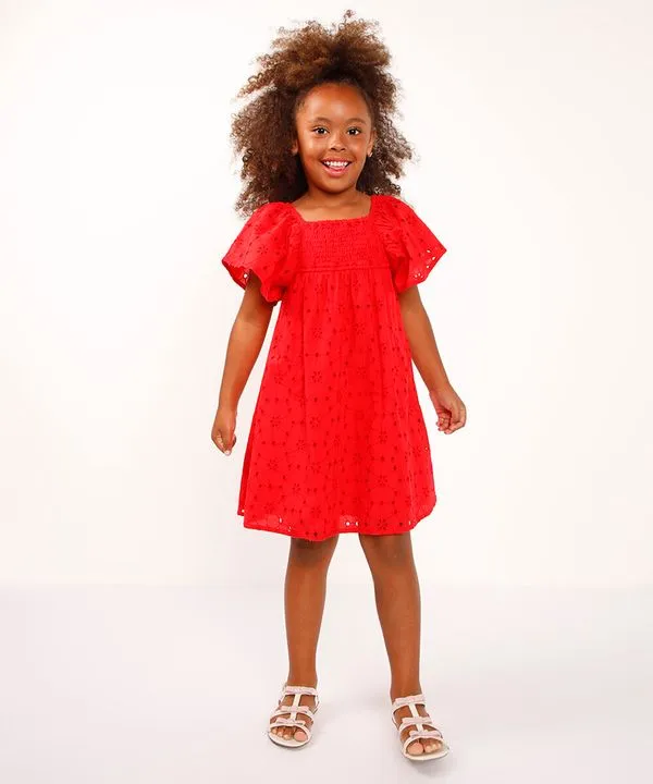 vestido de laise infantil com babado manga curta vermelho 12