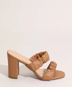 Tamanco Feminino Tira Franzida Salto Alto Grosso Via Uno Caramelo 34