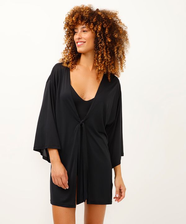 kimono de praia com amarração manga longa preto P