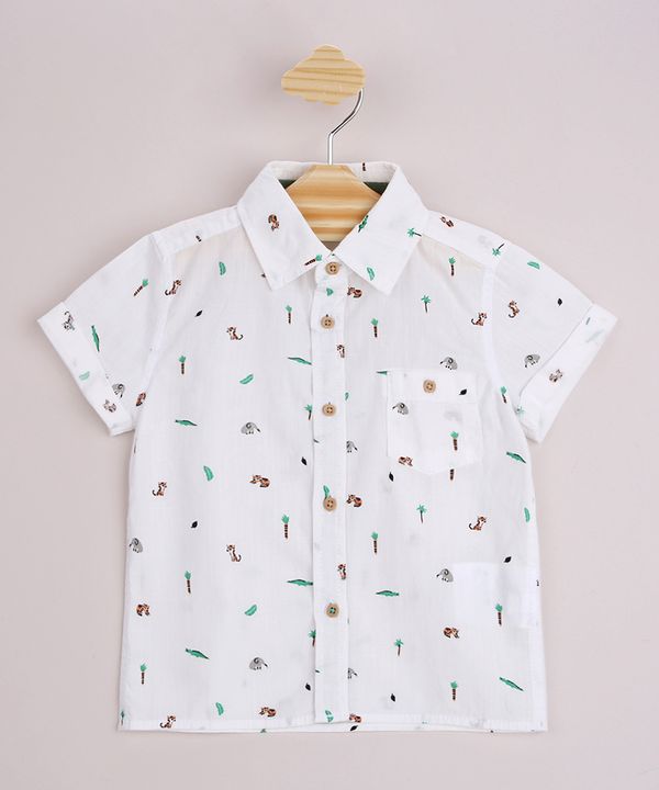 Camisa Infantil Estampada Animais e Coqueiros com Bolso Manga Curta Off White 2