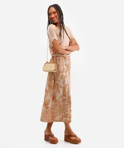 saia midi feminina texturizada folhagens bege G