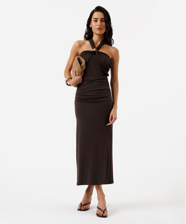 vestido midi feminino frente única franzido marrom PP