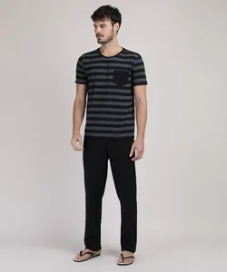 Pijama Masculino Camiseta Listrada Manga Curta com Bolso + Calça Preta GG