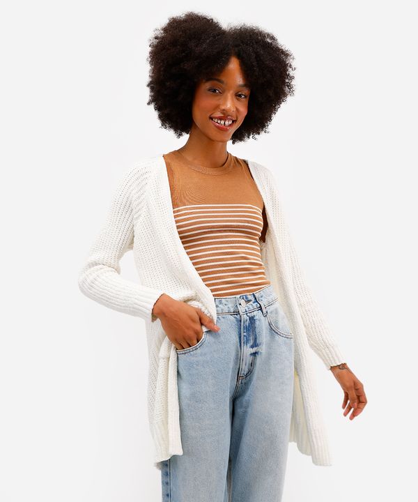cardigan feminino de tricot chenille alongado - off white G