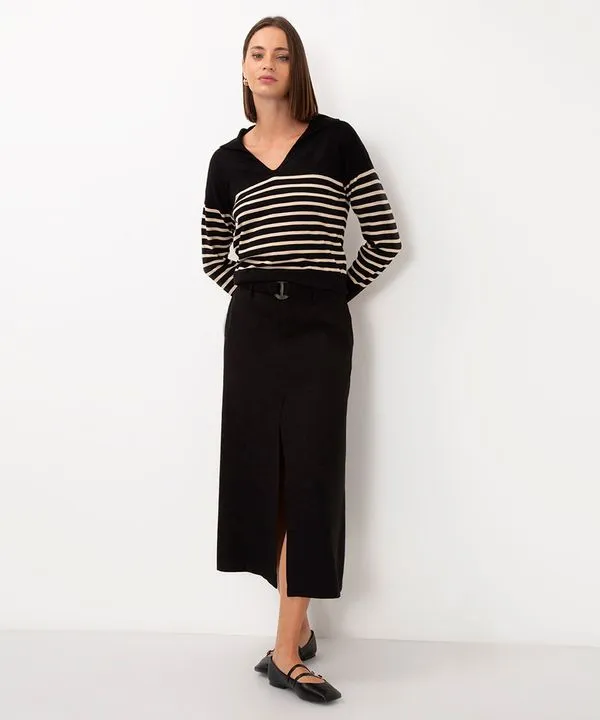 saia midi de viscose com fenda cintura alta preto 44