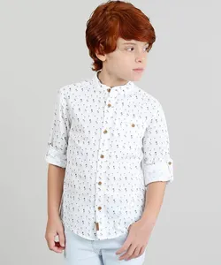 Camisa Infantil Estampada "Coqueiros" Manga Longa Gola Padre Branca 10