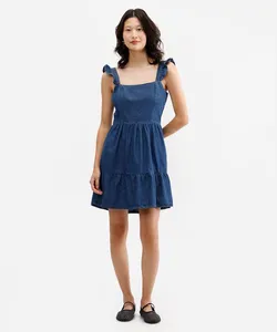 vestido curto feminino jeans com babados azul GG