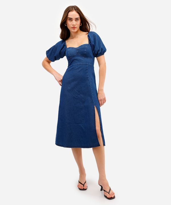 vestido midi feminino jeans manga bufante com fenda azul GG