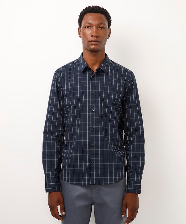 camisa slim de algodão manga longa quadriculada azul P