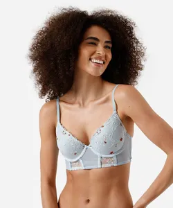 sutiã meia taça com bordado floral azul 48