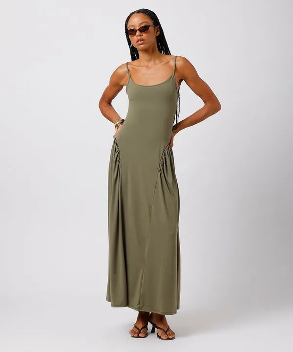 vestido midi feminino alça fina com franzidos mindset verde P