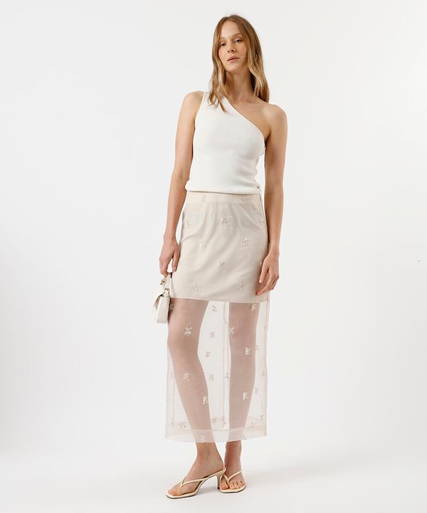 saia midi feminina de organza bordada com fenda off white 38