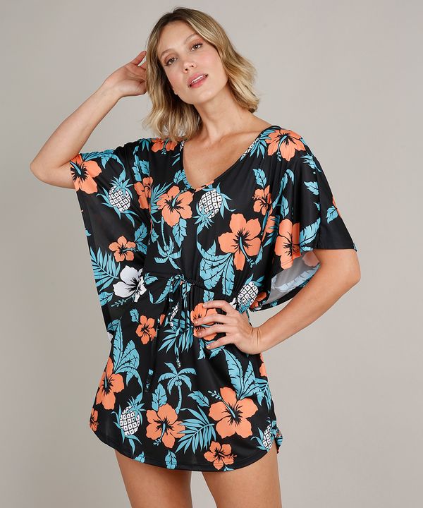 Saída de Praia Kaftan Estampada Tropical Manga Curta Decote V Preto G