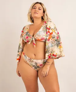 biquíni plus size calcinha tanga estampado flor de jambo proteção uv50+ além dos mares salvador preta gil bege GG4