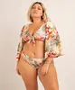 biquíni plus size calcinha tanga estampado flor de jambo proteção uv50+ além dos mares salvador preta gil bege GG3