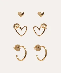 kit de 3 brincos corações e argola dourado Único