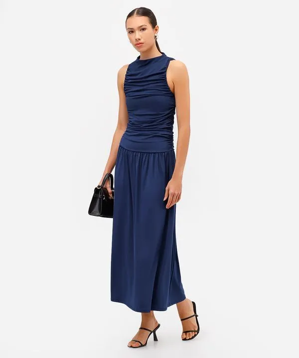 vestido midi feminino franzido azul M