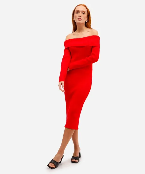 vestido ombro a ombro feminino de tricot canelado vermelho PP