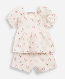 conjunto curto infantil manga bufante floral off white 2