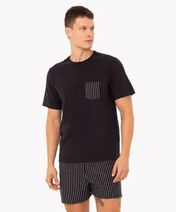 pijama de algodão listrado com bolso manga curta preto M