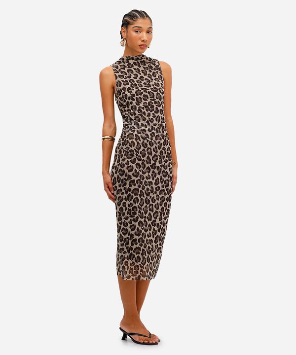 vestido midi feminino de tule animal print franzido bege M