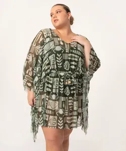 saída de praia kaftan de tule plus size conchas verde militar GG1