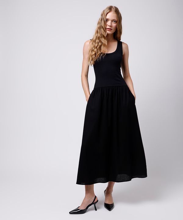 vestido midi com linho mindset preto G