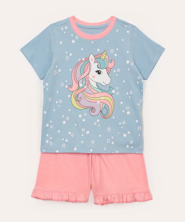 pijama curto infantil de algodão unicórnio azul 4