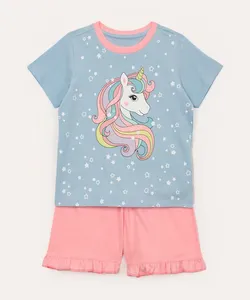 pijama curto infantil de algodão unicórnio azul 8