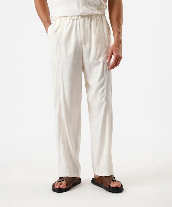calça reta masculina com linho e bordado cós elástico off white 40