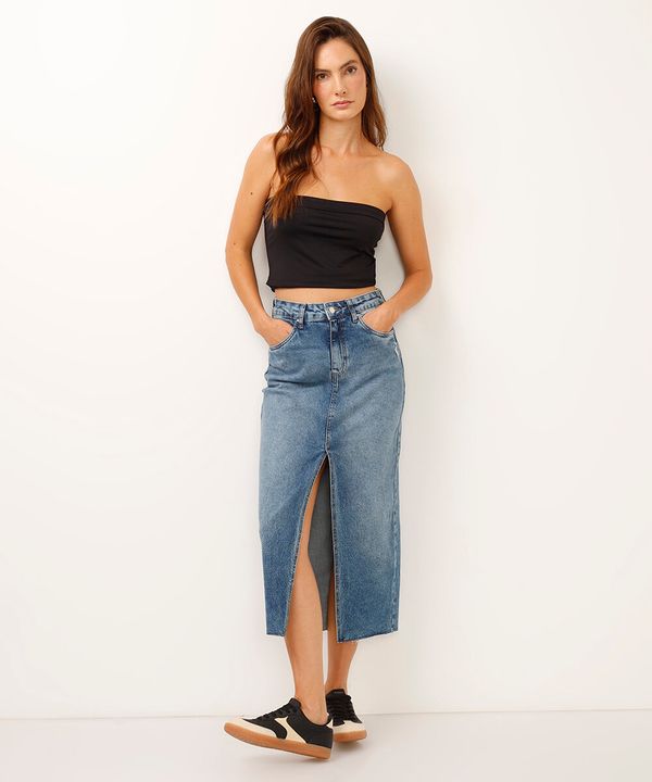 saia jeans midi cintura alta com fenda azul escuro 36