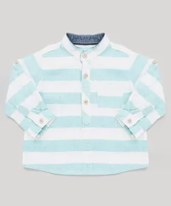 Camisa Infantil Listrada com Linho Gola Padre Manga Longa Branca 9-12