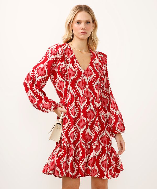 vestido curto manga bufante com babados arabesco vermelho PP
