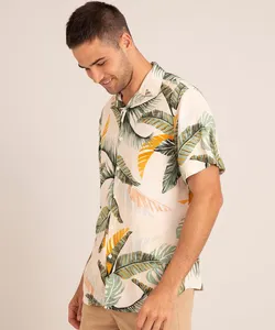 camisa de viscose manga curta estampa folhagens bege M