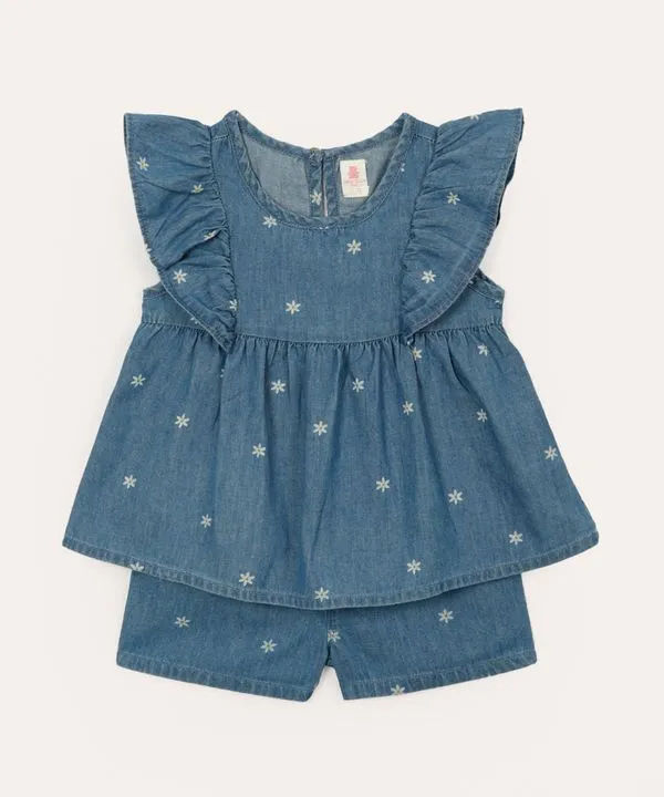 conjunto infantil curto com babados floral azul 0-3